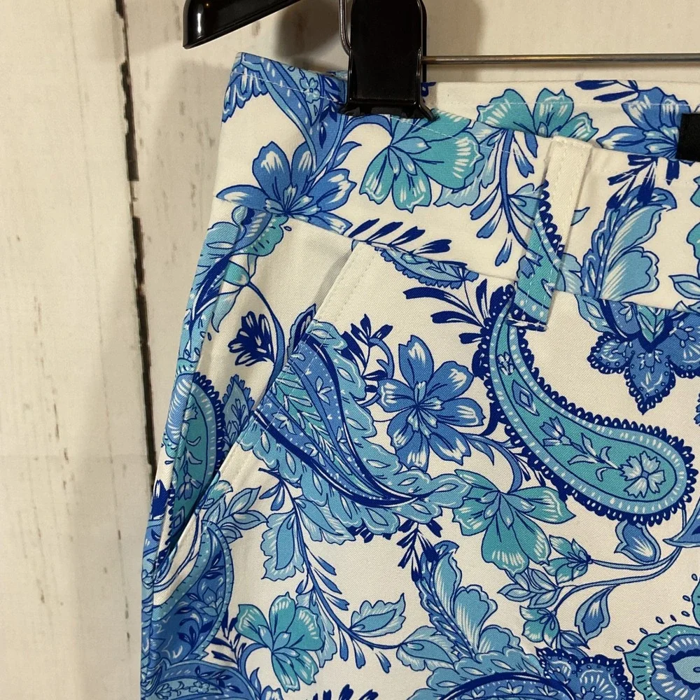 Boston Proper Pants Women's 12 Blue Paisley Floral Print‎ Stretch Cropped Chic